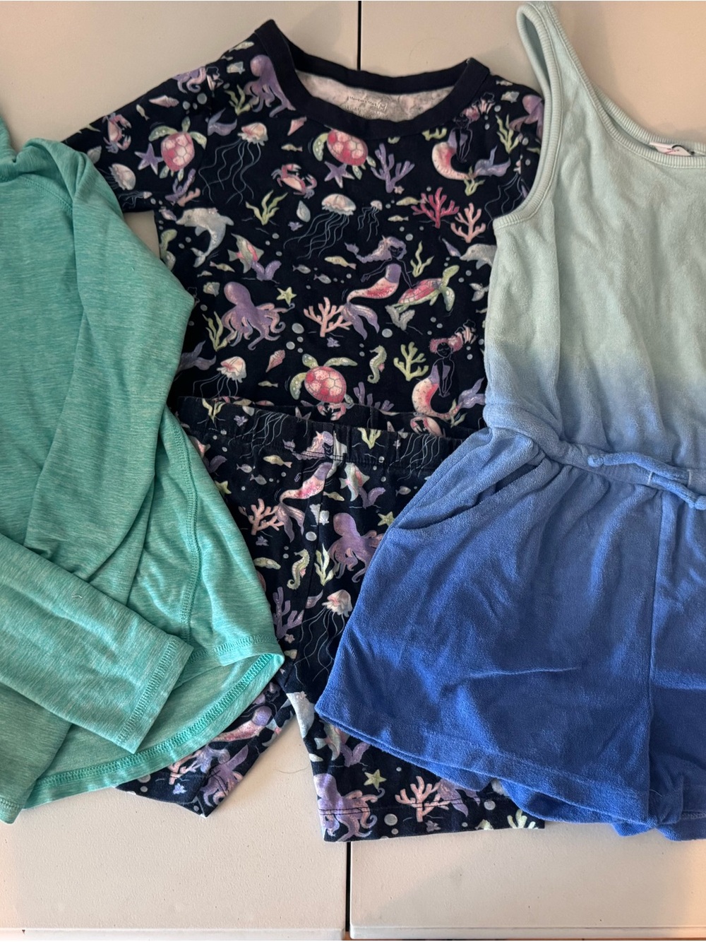 Girls size 6/7 summer lot.Terrycloth tank romper, pajama set,1/4 long sleeve top